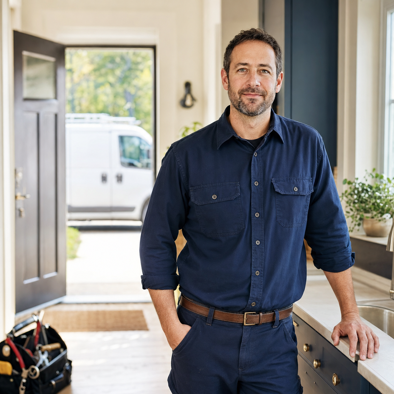 Friendly FischCo home-service professional arriving at a local home